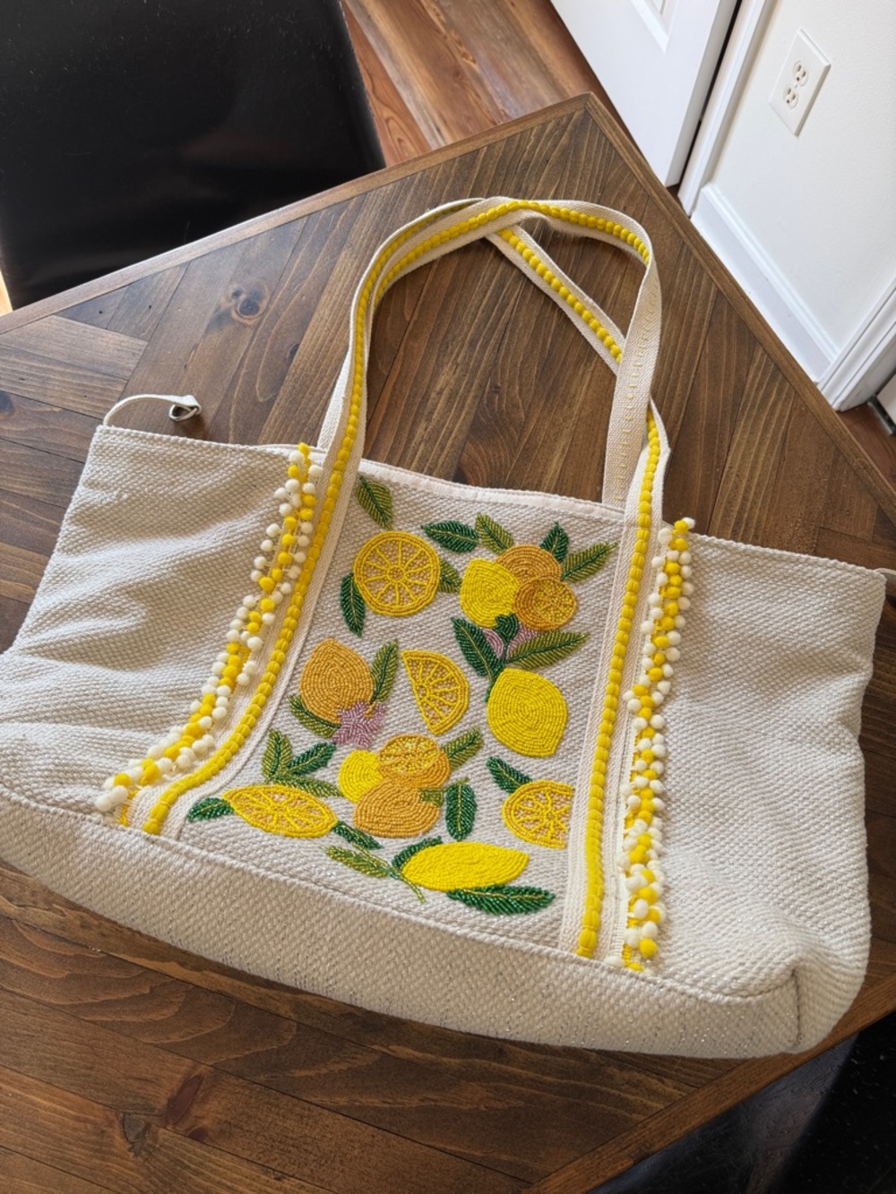 Neutral Canvas Tote with Yellow Lemon Beading and Embroidery
